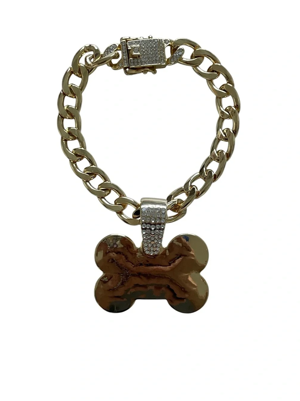 Cuban Gold Link Heavy Duty Dog Necklace - 8in, Bone-Shaped Polished
